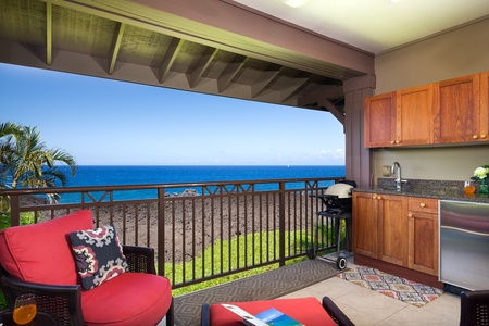 - Oceanfront lanai with cozy seating, built in wet bar, and grill makes outdoor dining unforgettable - Breathtaking views of the Pacific set the scene for lazy afternoons or lively dinners - Covered setup offers shade, comfort, and pure coastal bliss