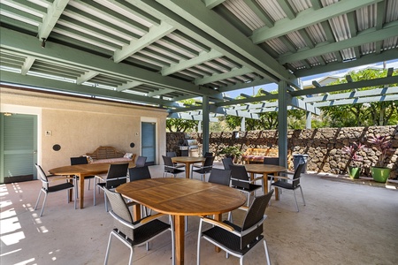 Covered outdoor dining area for gatherings.