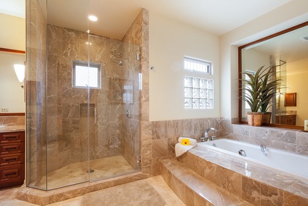 - Stylish bathroom with a marble walk in shower and separate soaking tub   - Raised tub area framed by stone tile offers a tranquil spot to unwind fully   - Natural light through glass blocks adds a refreshing, airy feel to the space