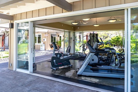 Open air fitness center with cardio and strength equipment.