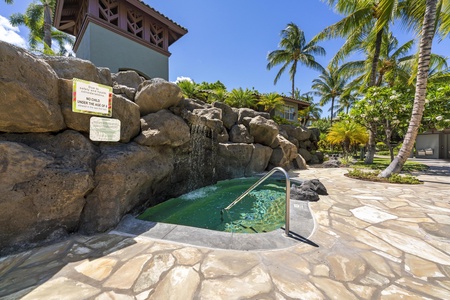 Tropical property features a natural rock waterfall hot tub surrounded by swaying palms and lush landscaping.