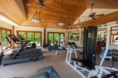 Bright gym with large windows and a variety of workout equipment.