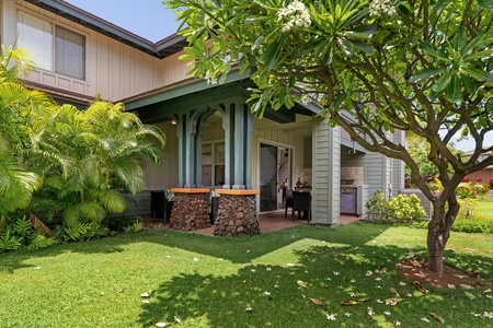Lanai with tropical landscaping
