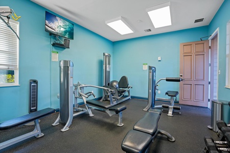 Bright fitness room with weight machines and flat screen TV for workouts.