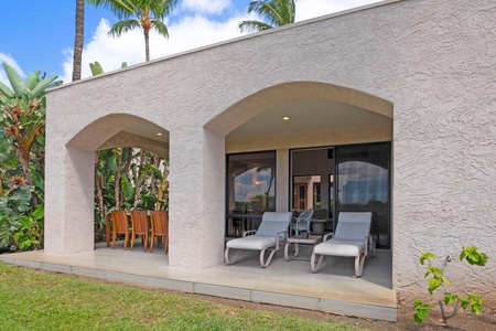 - Relax on shaded lounge chairs or dine al fresco under the covered patio space - Sliding glass doors open to a seamless transition between inside and out - Nestled between tropical landscaping and open lawn for a serene experience