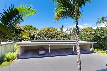 Covered parking area with palm trees and tropical surroundings.