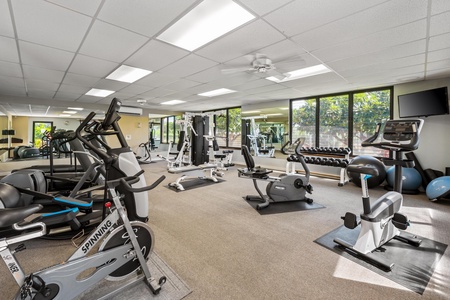 Fitness center with cardio and strength training equipment.