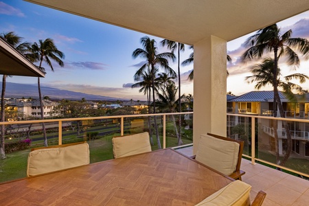 Scenic lanai framed by swaying palms.