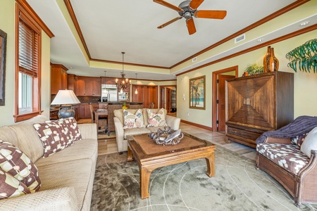 Relax on plush seating under a vaulted ceiling.