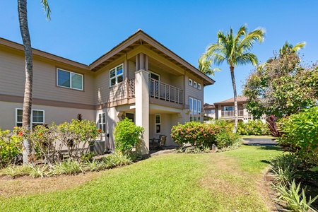 Covered lanai with tropical landscaping