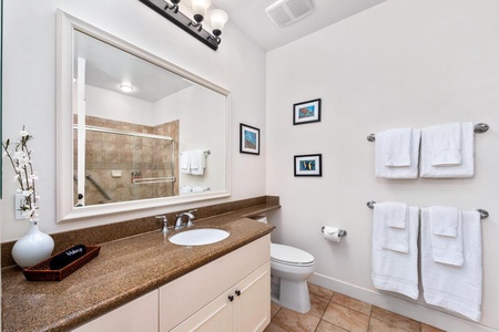 - Sparkling clean bathroom with granite countertop and large mirror - Walk in tiled shower and wall mounted towel bars for added ease - Framed art and soft lighting complete the polished contemporary look