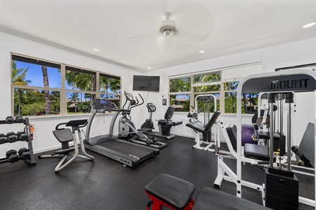 Stay in shape while enjoying tropical garden views through floor-to-ceiling windows in your private fitness center.