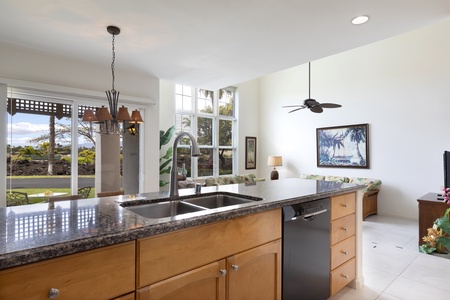 Full kitchen with granite countertops and modern appliances