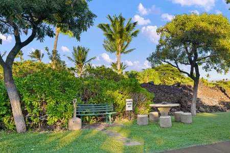 A tranquil garden setting features lush tropical landscaping with swaying palms, native greenery, and a peaceful seating area beneath the trees.