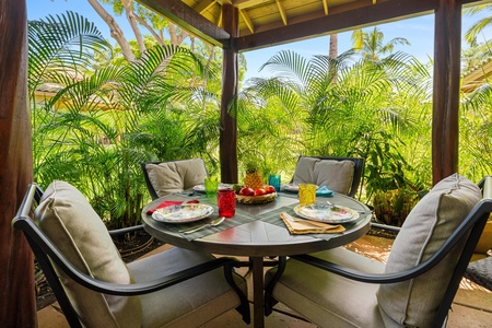 Dine outdoors beneath the shade of the covered lanai.