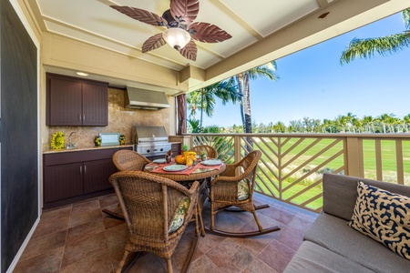 Covered lanai with BBQ and golf course views