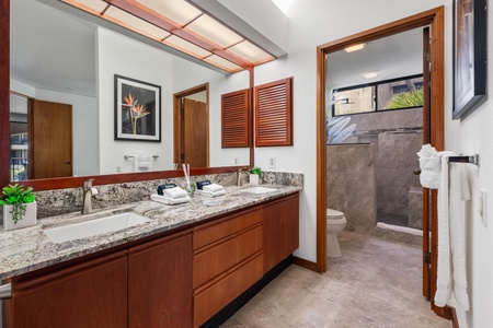 Step into your beautifully appointed bathroom where natural light filters through wood-framed skylights, illuminating elegant granite countertops and warm tropical accents that invite you to unwind.