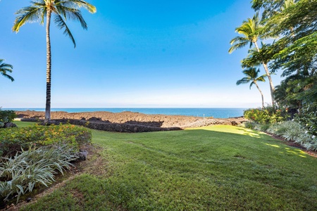 Tropical oceanfront property features manicured lawns, swaying palms, and direct access to pristine coastline under endless blue skies.