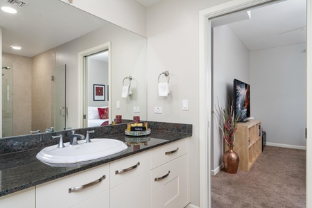 - Sleek guest bathroom featuring granite counters and bright lighting throughout - Open doorway reveals easy access to the nearby guest bedroom with TV - Convenient setup with polished hardware and tropical style simplicity