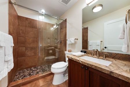 Step into your spa-like bathroom featuring elegant marble countertops, a spacious glass-enclosed shower, and plush towels awaiting your arrival.