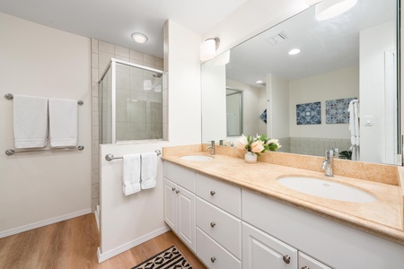 Ensuite primary bathroom with double vanity, walk-in shower, and tub