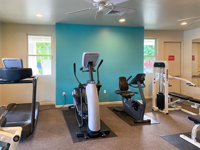 Gym space with stationary bikes and elliptical machines.
