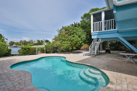 Pool on the water Private back yard with a pool overlooking the water and dock