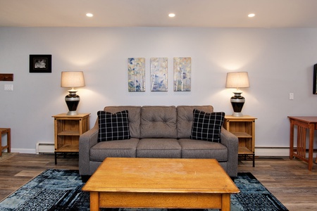 A living room with a gray couch, two black and white checkered pillows, a wooden coffee table, and two side tables with lamps. Three decorative panels hang on the wall above the couch.