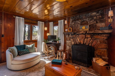 Wood burning fireplace and desk