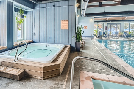 Indoor spa area with a hot tub on the left, labeled "3 FT", and a swimming pool on the right. Pool-side lounge chairs and potted plants are visible in the background.