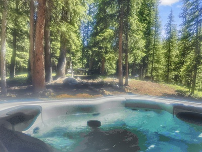 A hot tub is placed outdoors in a wooded area surrounded by tall trees and green foliage under a clear blue sky.