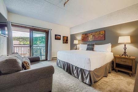 Primary Bedroom with Private Balcony Access and Mountain Views with this Plush King Size Bed.