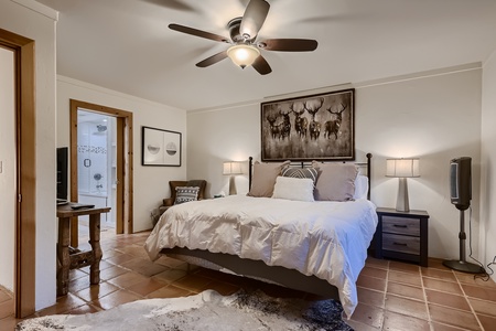 A bedroom with a large bed, two side tables, lamps, a ceiling fan, framed artwork, a TV on a wooden table, and an adjoining bathroom with shower. The floor is tiled and there is a rug.