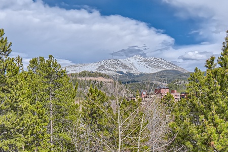 Snow-capped mountain under a partly cloudy sky, surrounded by green trees with a building partially visible among the trees in the background.