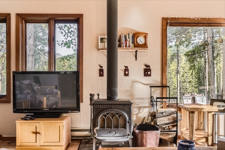 A cozy living room features a wood-burning stove, a flat-screen TV on a small cabinet, shelves with books and a clock, and a large window with a view of trees outside.