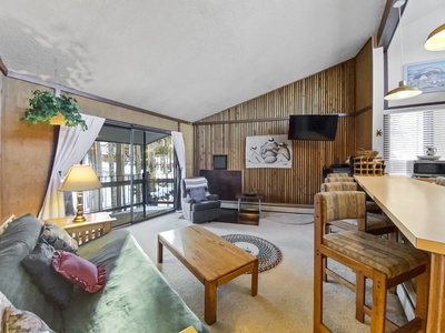 A cozy living room features a green sofa, wooden coffee table, and wall-mounted TV. A sliding glass door opens to a balcony. Wood paneling decorates one wall. A bar with stools is visible on the right.