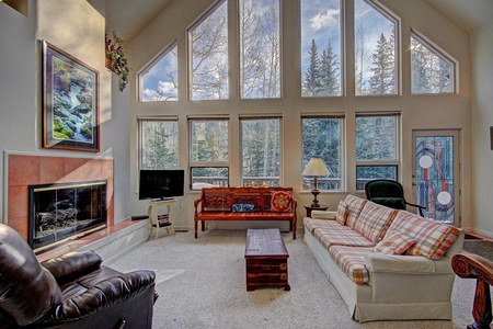 A living room with large windows, a fireplace, two sofas, a wooden coffee table, a TV, and various decor items. Natural light illuminates the space.