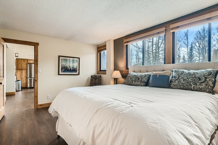 A bedroom with a large bed, decorative pillows, a framed picture on the wall, and a view of trees through the windows. An open door leads to another room.