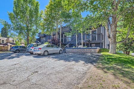 Front view of the townhouse with steps leading up to the front door