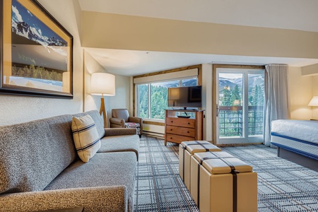 Cozy Living Room with Stylish Gray Sofa, Plaid Carpet with a Flat-Screen TV