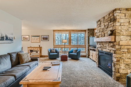 A living room with a stone fireplace, grey couch, two blue chairs, a wooden coffee table, and large windows with a forest view. Walls are adorned with framed pictures, and a TV sits on a wooden stand.