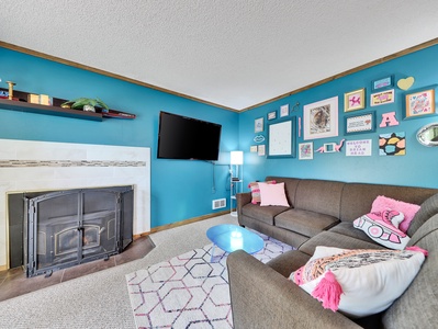 View of Living Room with Wood Burning Stove and 48" Smart TV