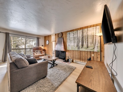 View of living room with access to the private balcony and views to the forest and slopes