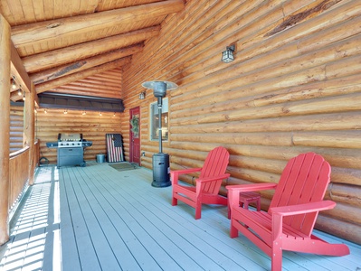 Wrap-Around Covered Veranda with Adirondack Chairs, Gas BBQ Grill, Corn Hole Games and Space Heater