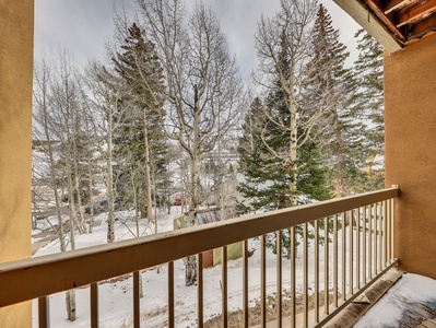 View of the private balcony with views to the forest and slopes