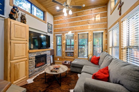 Living room with comfortable couch, electric fireplace and smart TV