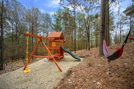 Children will love the large wooden playscape.