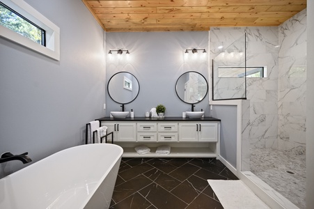 Double vanity sinks, a stand-alone tub, and a walk-in shower. Oh my!