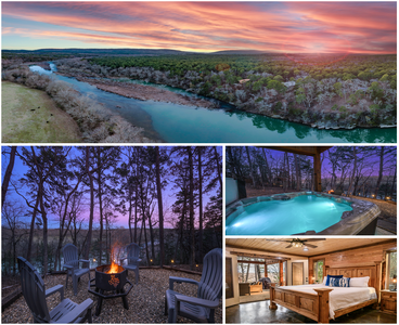 A collage of a riverside landscape at sunset, a firepit with chairs among trees, a hot tub on a deck at dusk, and a rustic bedroom with a wooden bed frame.