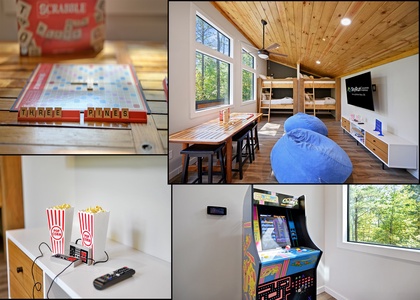 Upstairs you will find a family favorite. The game room not only has custom bunk beds but games for all ages.